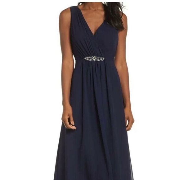 Eliza J NWT Embellished High/Low Chiffon Dress in Navy - Picture 4 of 9